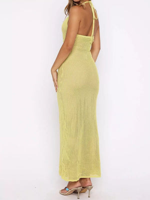 Halter Neck Crochet Maxi Dress in Yellow, product detail