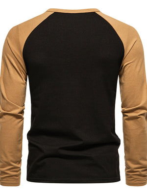 Men's long sleeve t-shirt in black with tan raglan sleeves.