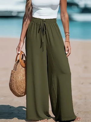 Moss polyester wide-leg drawstring trousers with a relaxed fit and elastic waist.