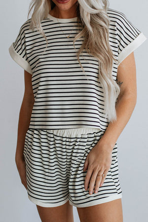 Ribbed stripe tee and shorts set with cuffed sleeves and elastic waist shorts.