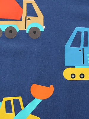 Navy cotton t-shirt with playful construction truck appliques.