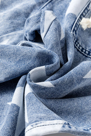 Cosmic Wash Star Print Palazzo Jeans in medium blue denim with a white star pattern and drawstring detail.