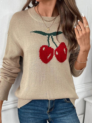 Khaki knit jumper with a red cherry motif, crewneck, and long sleeves.