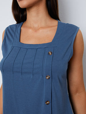 Dark blue square neck button-down tank top with pintuck details