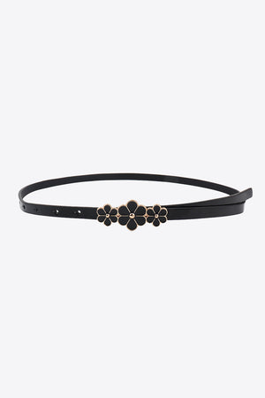 Black skinny belt with gold trim and black floral embellishments