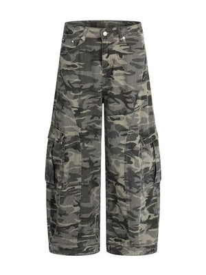 Men's grey camouflage cotton cargo pants with multiple pockets and a relaxed fit.