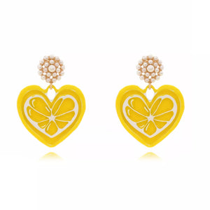 Yellow heart-shaped lemon slice dangle earrings with pearl accents