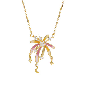 18k gold starburst pendant necklace with pink and yellow enamel, cubic zirconia accents, and dangling star and moon charms.