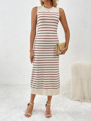 Striped ribbed sleeveless midi dress in cream with maroon stripes, featuring a mock neck.
