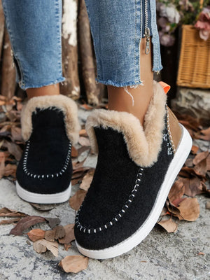 Black felted slippers with faux fur trim and white stitch detail.