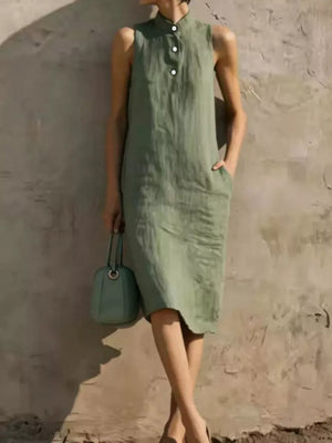Button Detail Sleeveless Midi Dress in Lotus Color, fabric detail