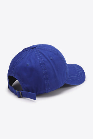 Cobalt canvas baseball cap with adjustable strap and stitched details
