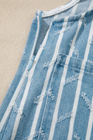 Striped distressed denim overalls with a side zipper detail.