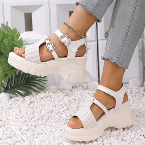 White woven texture high wedge sandals with adjustable buckles and chunky platform sole.