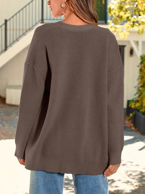 Oversized ribbed knit button-down cardigan in Coffee Brown, acrylic, with a relaxed fit.