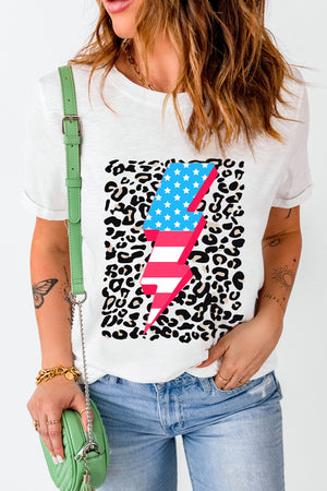 White t-shirt with leopard print and an American flag lightning bolt graphic.