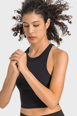 Black sculpted neckline crop top with racerback detail