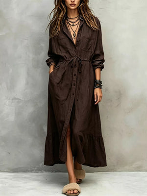 Full Size Button Front Long Sleeve Shirt Dress Plus Size in Apricot, product detail