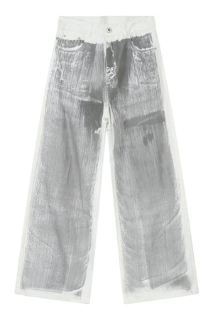 Metallic panel wide leg trousers in light with a brushstroke pattern.