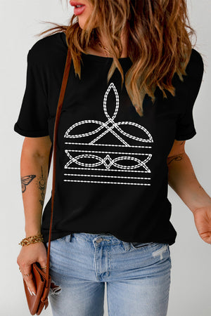 Black crew neck t-shirt with white embroidered graphic detail on the chest.