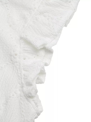 White lace-trimmed ruffle sleeve maternity shirt with textured fabric detail.