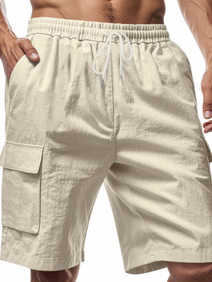 Men's khaki cargo shorts with drawstring waist and button flap pockets.