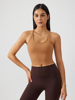 Caramel sculpted racerback crop tank top with a scoop neckline.