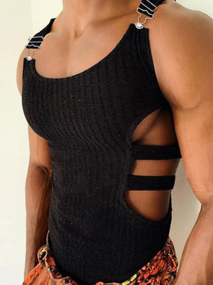 Black ribbed tank top with cutout sides and metal strap details