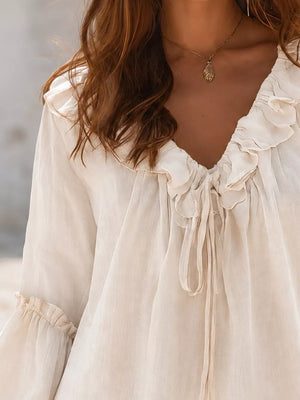 Ruffled Tie Front Flounce Sleeve Blouse in Blush Pink, back view