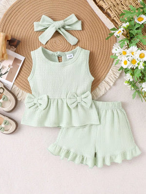 Children's Bow Tank And Shorts Set in Light Green, side view