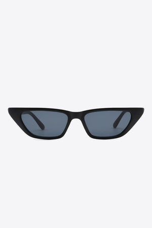 Black angular cat eye sunglasses with dark lenses