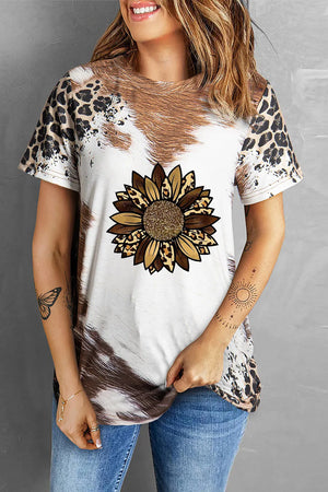 Cowhide sunflower graphic t-shirt in leopard print with short sleeves.