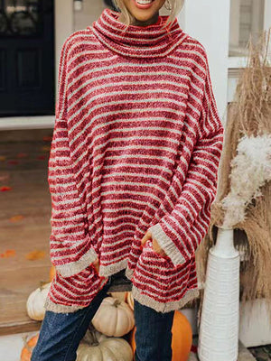 Oversized red and cream striped turtleneck sweater with slouch pockets.