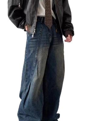 Men's vintage wash wide leg jeans in blue, featuring a relaxed fit and distressed details.