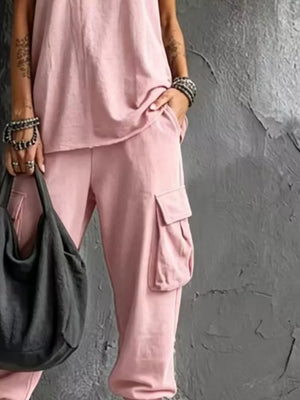 Casual Tank And Cargo Pants Set Plus Size in Sky Blue, fabric detail