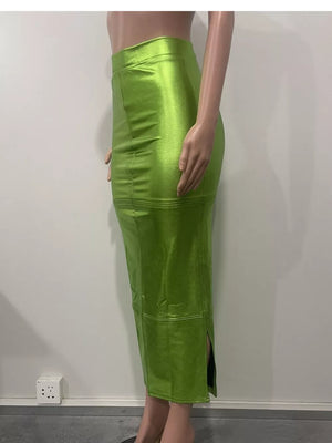 Glistening lime green high-waisted maxi skirt with a side slit and bodycon fit.