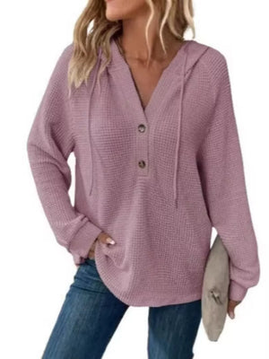 Full Size Waffle Knit Half-button Hoodie Plus Size in Black, view 16