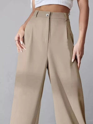 Khaki high-waisted pleated wide-leg maternity trousers with button closure.