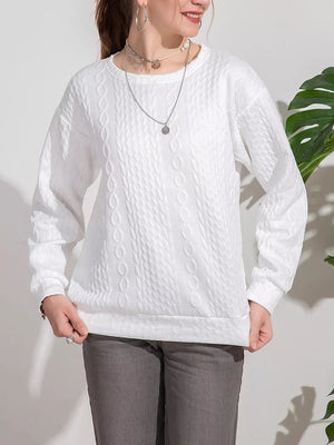 Textured Knit Crewneck Sweatshirt in White, close-up detail