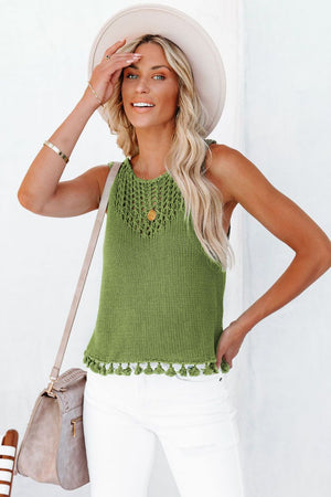 Matcha green openwork knit tank top with crochet detail and tassel trim.