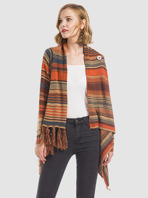 Asymmetric fringe stripe cardigan in ochre with a button closure and open front.