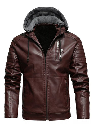 Brown faux-leather hooded jacket with zippered pockets and drawstring hood.