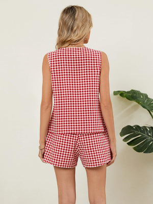 Deep Red gingham linen vest and shorts set with a buttoned front, shown from the back.