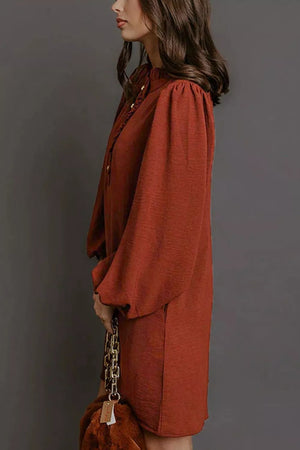 Solid Shift Long Sleeve Short Dress in Burgundy, close-up detail