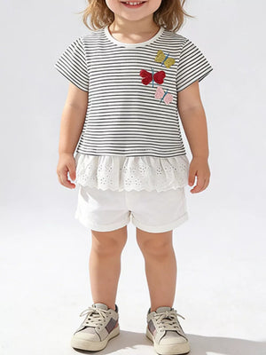 Kids' striped t-shirt with embroidered butterflies and eyelet trim