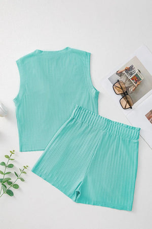 Ribbed Henley Tank & Drawstring Short Set in Tiffany Blue, sleeveless top with button detail, elastic waist shorts.