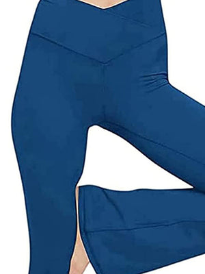 Peacock Blue V-waist flare leg leggings with a subtle slit at the hem.