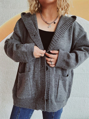 Dark gray chunky knit hooded button-down cardigan with pockets