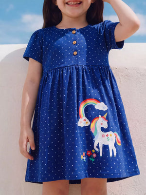 Children's Polka Dot Unicorn Rainbow Dress, front view