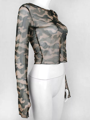 Sheer camouflage long sleeve cropped t-shirt in army green and tan mesh.